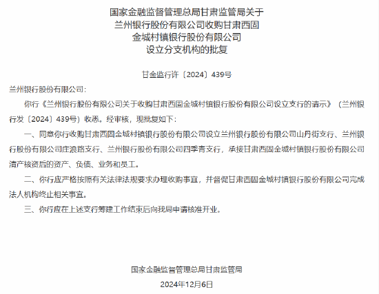 兰州银行获批收购甘肃西固金城村镇银行并设立分支机构